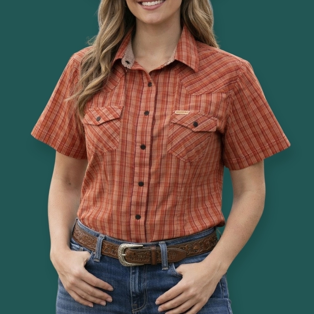 ROCKIES Red Plaid Short Sleeve Snap Button Western Cowgirl Shirt